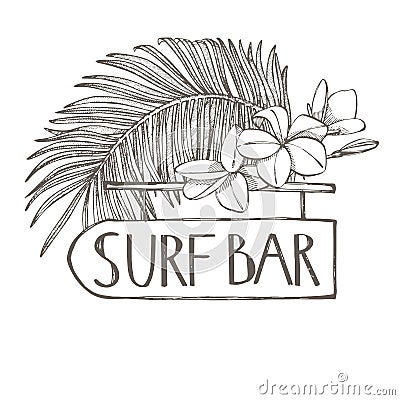 Surf bar. Composition this Signboard and Tropical palm leaves, graphic illustration. Graphic hand drawn painted Cartoon Illustration