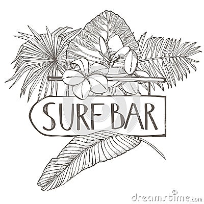 Surf bar. Composition this Signboard and Tropical palm leaves, vector illustration. Graphic hand drawn painted Vector Illustration