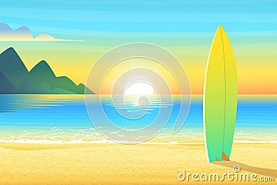 Surf board on a sandy beach. Sunrise or sunset, sand on bay and the mountain wonderful sun shines. Cartoon vector Vector Illustration