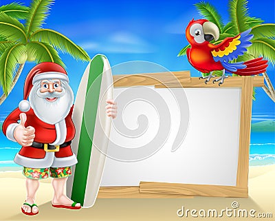 Surf Board Santa Tropical Beach Sign Vector Illustration