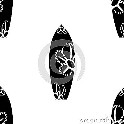 Surf board seamless pattern, summer beach festival, wave conquering. Black silhouette with white doudle flower, isolated on white Stock Photo