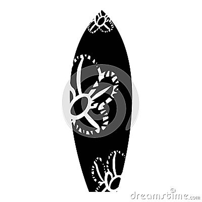 Surf board, summer beach festival, wave conquering. Black silhouette with white doudle flower, isolated on white Vector Illustration