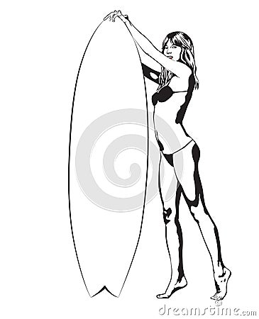 Surf board and young pretty woman bikini vector Vector Illustration