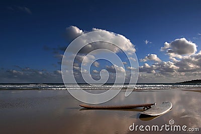 Surf boards on the beach Stock Photo