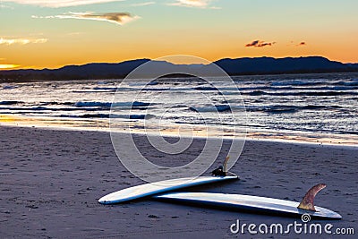Surf boards at a beach Stock Photo