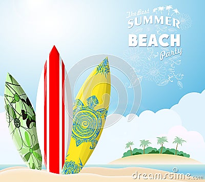 Surf boards on sea beach Vector Illustration