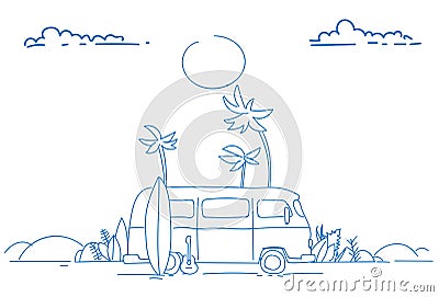 Surf bus sunset tropical beach retro surfing vintage summer vacation greeting card horizontal poster sketch doodle hand Vector Illustration