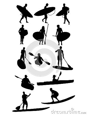 Surf and Canoe Silhouettes Vector Illustration