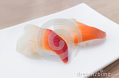 Surf or hokkigai sushi on white plate Stock Photo