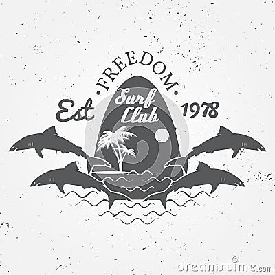 Surf club concept Vector Summer surfing retro badge. Surfer club emblem , outdoors banner, vintage background. Shark surf club Vector Illustration