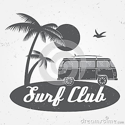 Surf club concept Vector Summer surfing retro badge. Surfer club emblem , rv outdoors banner, vintage background. Vector Illustration