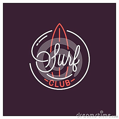 Surf club logo. Round linear logo of surfboard Vector Illustration