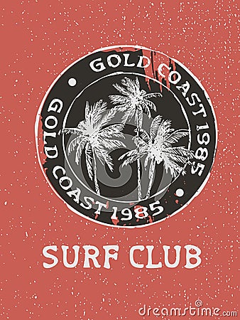 Surf club surfer stamp with hand drawn palm trees Vector Illustration