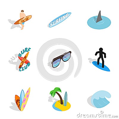 Surf elements icons set, isometric 3d style Vector Illustration