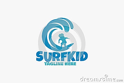 surf kid logo with a boy surfing on beautiful waves for any business Vector Illustration