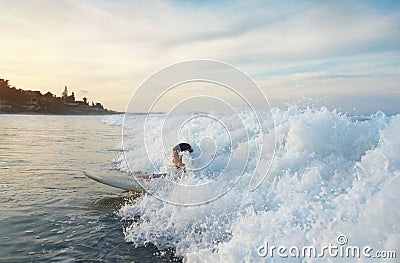 Surf In Ocean. Surfer Girl Swimming On Surfboard. Surfing Woman In Splashing Sea. Stock Photo