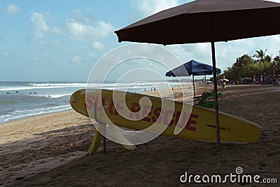 Surf rescue board at Kuta beach Stock Photo