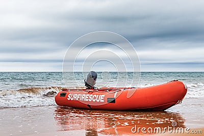 Surf Rescue boat on the beach in Burnie, Tasmania Stock Photo