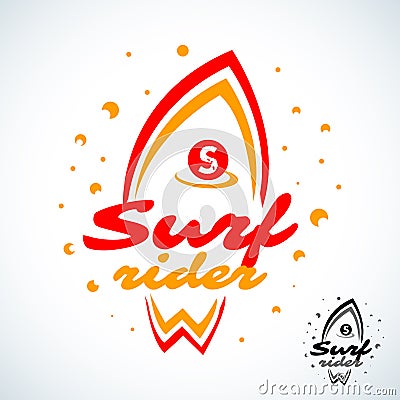 Surf rider lettering poster. Surfing related t-shirt design. Vector vintage illustration. Cartoon Illustration