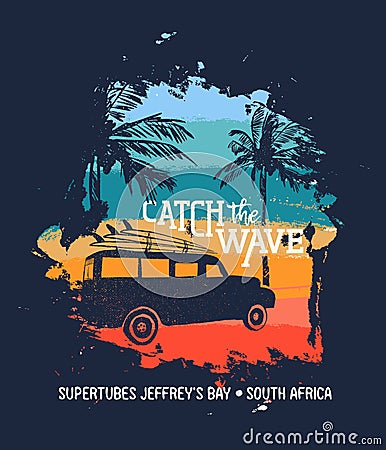 Surf summer holiday in south africa beach with car Vector Illustration