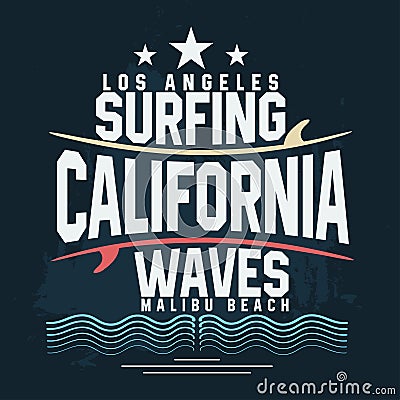Surf t-shirt graphic design. Surfing grunge print stamp. California, Los Angeles surfers wear typography emblem Vector Illustration