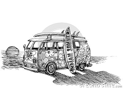 Surf van on the beach Vector Illustration