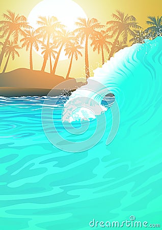 Surf wave at the beach at sunrise Vector Illustration