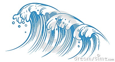 Surf waves. Big water tide in blue ink style Vector Illustration