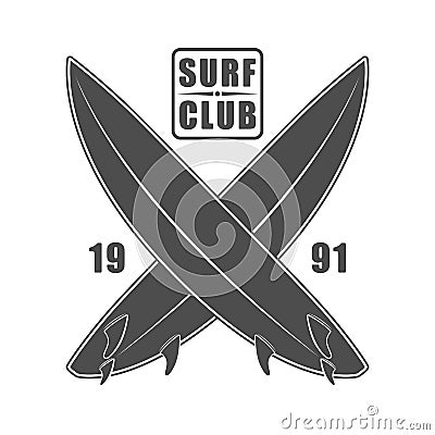 Surf wear typography emblem. Creative surfing t-shirt graphic design. California surfers print stamp in monochrome style Vector Illustration