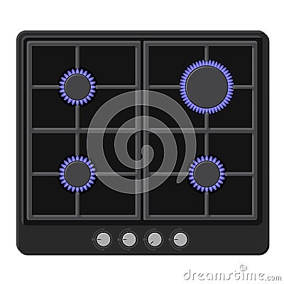 Surface of Black Gas Hob Stove with Fire On. Vector Vector Illustration