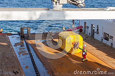 Surface buoy secured on deck onboard offshore anchor handler vessel Editorial Stock Photo