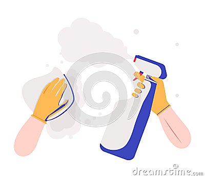 Surface cleaning in house. Cleaning with spray detergent. Spraying antibacterial sanitizing spray. Prevention coronavirus COVID-19 Vector Illustration