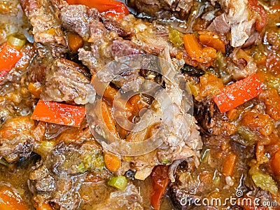 Surface of cooked pottage from lamb and vegetables Stock Photo