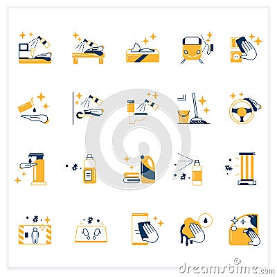 Surface disinfection flat icons set Vector Illustration