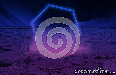 Surface of frozen lake, texture of ice in blue and pink gradient tones with neon light frame, futuristic night image for Stock Photo