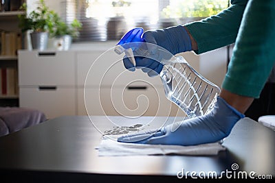 surface home cleaning spraying antibacterial sanitizing spray bottle disinfecting against COVID-19 spreading wearing medical blue Stock Photo