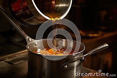 surface level shot of a steel ladle pouring mulled cider Stock Photo