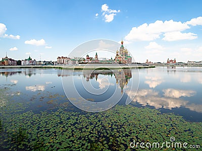 View of water lily leaves in river in Yoshkar-ola Stock Photo