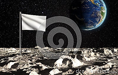 The surface of the moon with a blank state flag and the planet Earth on a background of the starry sky. Creative conceptual Cartoon Illustration