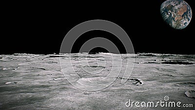 Surface of the Moon landscape. Flying over the Moon surface. Close up view. 3D Rendering Stock Photo