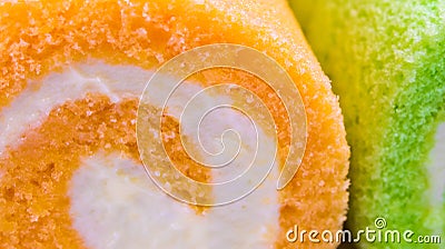 Surface of Orange and Pandan flavor roll cake Stock Photo