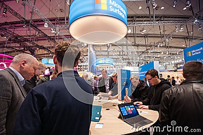 Surface stand in booth of Microsoft company at CeBIT Editorial Stock Photo