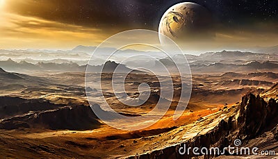 The surface of an unexplored distant planet with an apocalyptic lifeless lunar desert landscape Cartoon Illustration