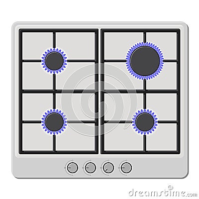 Surface of White Gas Hob Stove with Fire On. Vector Vector Illustration