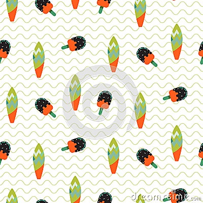 Surfboard and ice cream seamless vector wavy pattern. Vector Illustration