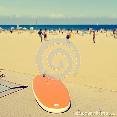 Surfboard at La Barceloneta Beach, in Barcelona, Spain Stock Photo