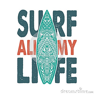 Surfboard with ornament for surfing summer print Vector Illustration