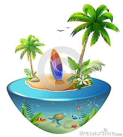 Surfboard on tropical island. Paradise beach of palm trees, sea, sun and sand Vector Illustration