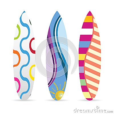 Surfboard with various icon on it set illustration Vector Illustration