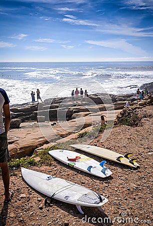 surfboards at anchor point,Taghazout surf village,agadir,morocco Editorial Stock Photo